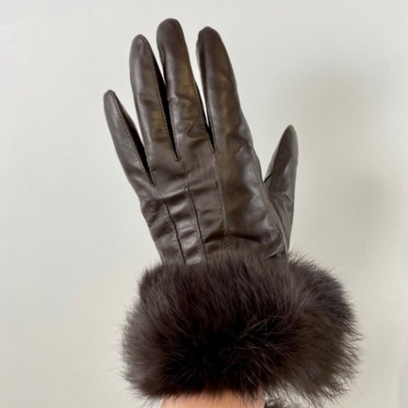 Leather Fur Gloves Large Rabbit Trim Short Brown - Picture 4 of 12